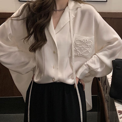 Spring and Summer Lo*We Acetate Shirt Women's High-End Satin Gloss 18,000 Needle Embroider Shirt Cardigan