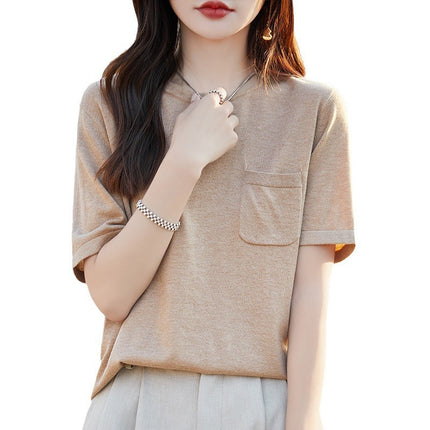 24 New Summer ShorT-sleeved T-shirT Women's Round Neck Pullover Simple Half-sleeved T-shirT Fine ImiTaTion Wool KniTTed Top Loose