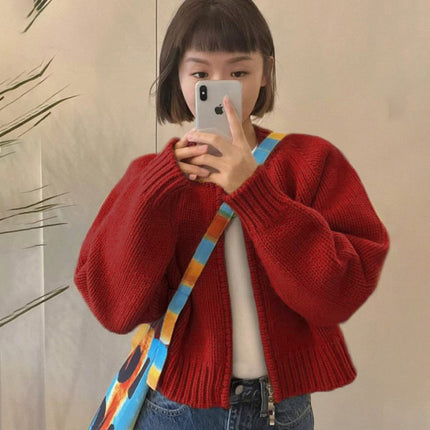 Korean Style Double Zipper avocado green Knitted Cardigan Outer Wear Slimming All-match Short Sweater Women's Elegant Meat-covered Jacket
