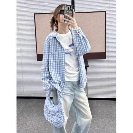 Japanese Style Sweet Cream Blue and White Plaid Shirt Women's Spring New Pleated Design Sense Outer Wear Shirt Coat Top