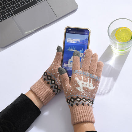 Knitted Touch Screen Gloves Men's and Women's Couple Gloves Autumn and Winter Korean Style Fawn Jacquard All-match Cold-proof Warm Cross-border Gloves