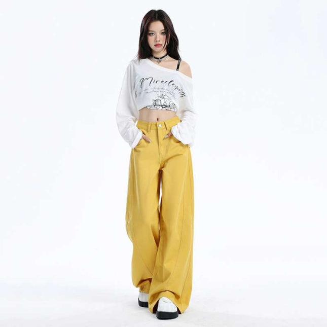 Wholesale Dropshipping Trendy Spring and Summer High-Waisted Loose Straight Wide-Leg Pants with Playful Pink Floor-Length Design