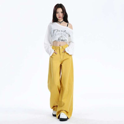 Wholesale Dropshipping Trendy Spring and Summer High-Waisted Loose Straight Wide-Leg Pants with Playful Pink Floor-Length Design
