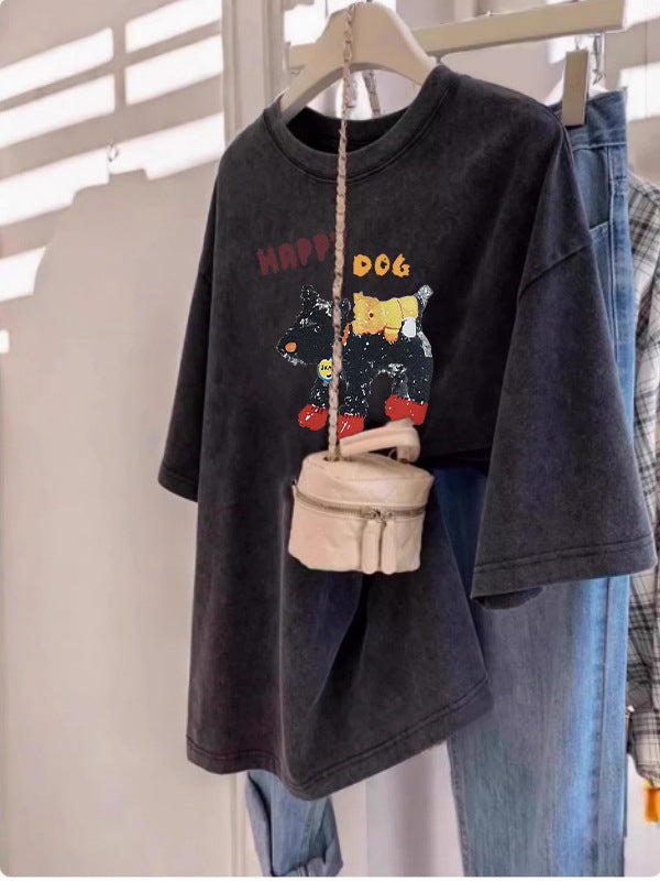 Pure Cotton Washed Distressed Short-Sleeved T-Shirt for Women Summer Large Size Loose European and Korean Couple Design Half-Sleeved Top Trendy Ins