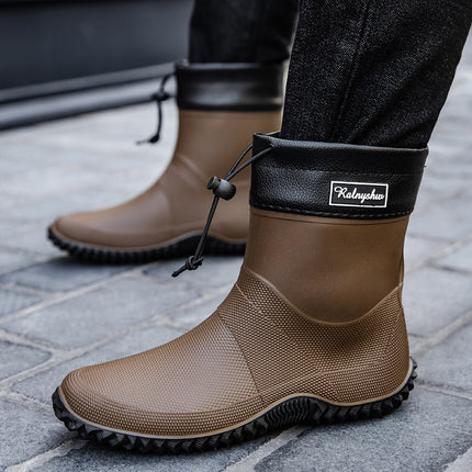 Cross-Border Drawstring Fixed Rain Boots for Men, Short-Tube Waterproof Shoes, Rain Boots, Non-Slip Water Boots, Men's Thick-Soled Kitchen Low-Tube Rubber Shoes