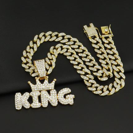 European and American INS TikTok Hip-Hop Alloy Necklace with Diamond Exaggerated Big Button Pendant Crown KING Letter Fashion Accessories