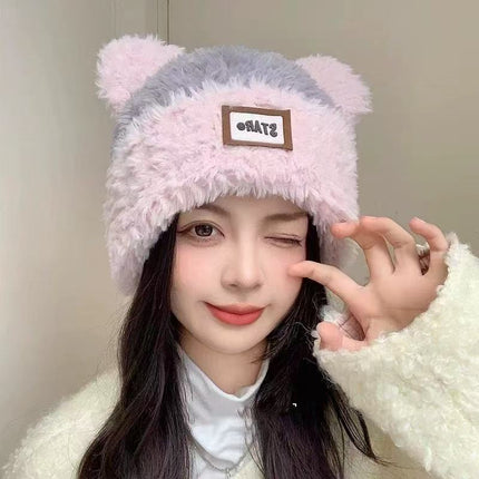 Bear plush knitted hat women's autumn and winter warm anti-fur pullover wool hat face-looking small sweet cute basin hat