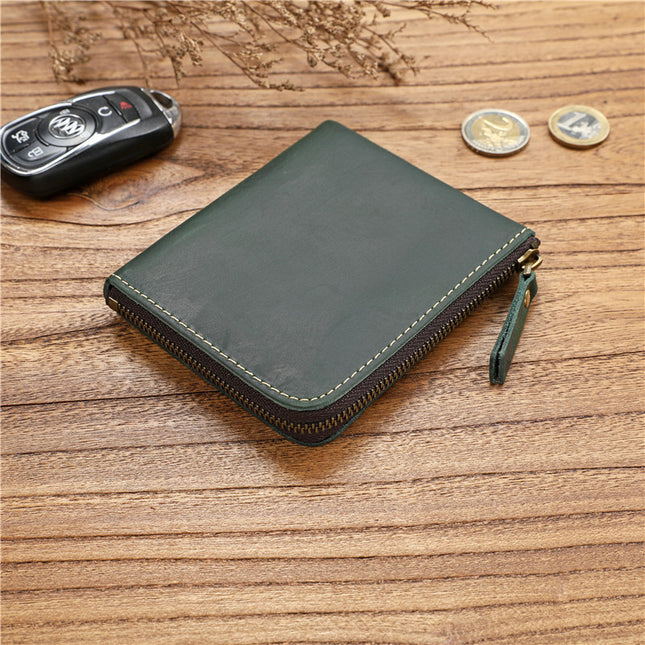 Retro Men's Crazy Horse First Layer Cowhide Short Zipper Wallet Genuine Leather Ultra-Thin Horizontal Wallet Student Casual Wallet