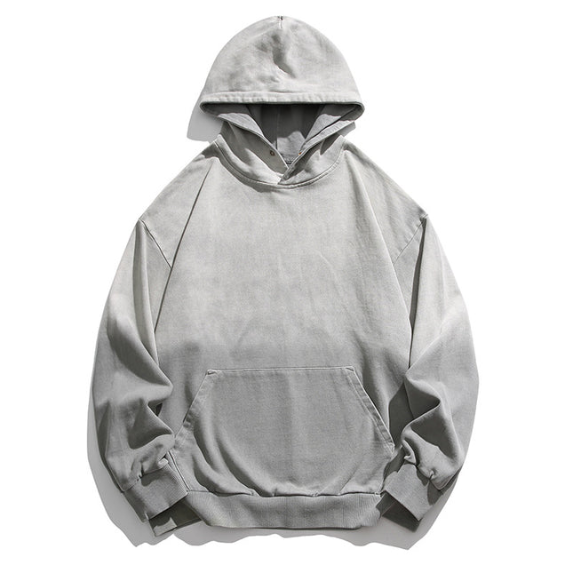 Black Fleet Retro Hoodie, Washed Gradient Dyed Pure Cotton Loose Pullover Couple Style Sweatshirt, Casual and Versatile