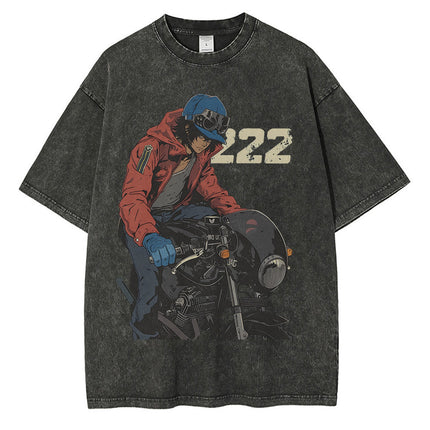 Heavyweight Cotton Washed t Shirt Anime Character Motorcycle