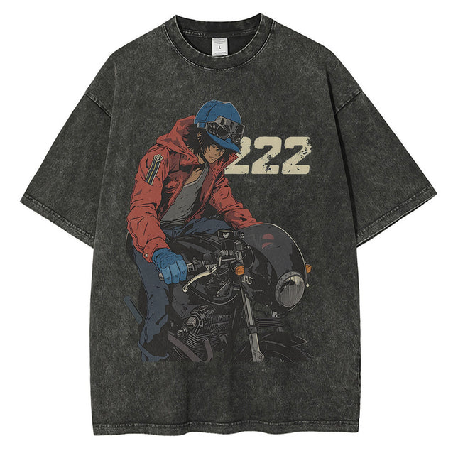 Heavyweight Cotton Washed t Shirt Anime Character Motorcycle