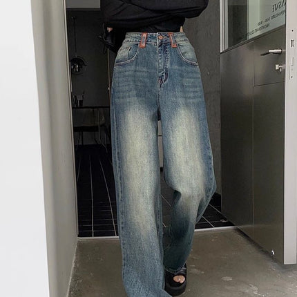 American Retro Straight-Leg Jeans for Women, 2025 Spring New High-Waisted Fashionable Versatile Loose Floor-Length Pants