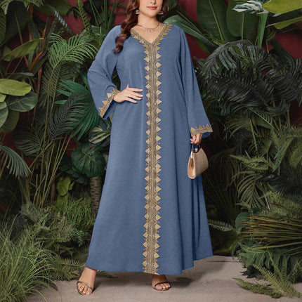 In-Stock Ethnic Style Women's Clothing Autumn Embroidered V-Neck Long-Sleeve Dress Loose Long Dress Exotic Style Clothing