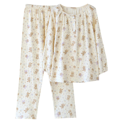 Women's Double-Layer Cotton Gauze Long-Sleeved Trousers suit Spring and Autumn Floral Crewneck Loose Outer Wear Home Clothes