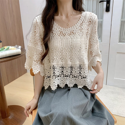 2025 New Summer Design Cut Out Knitwear Women's Holiday Style Blouse Heavy Crochet Cut Out Short Top