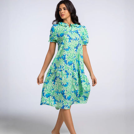 2025 Summer Women's New Ruffled Sleeve Women's European and American Pleated Bow Thai Print Long Skirt Dress