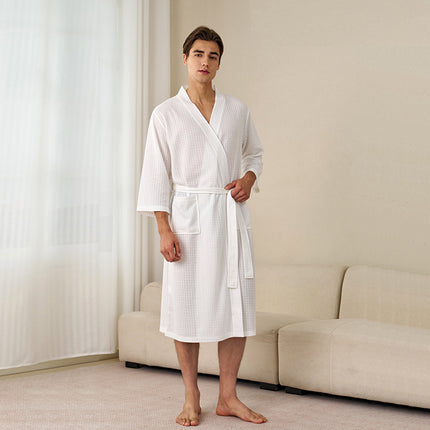 Summer Thin Water Absorbent Waffe Bathrobe Women's Summer Mid-length Simple Sexy Nightgown Men's Breathable Bath Towel Pajamas