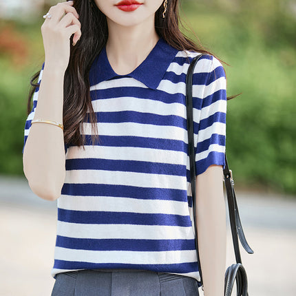 New Summer Women's Knitted Short-Sleeved Korean Style Polo Collar Stripesd Contrast Knitted T-Shirt Jacket Women's Tops Wholesale
