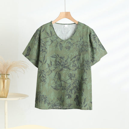 Retro Style Cotton Short-sleeved Women's Middle-aged and Elderly Mother's Vest Printed Outer Wear Base-layer Shirt All-match Artificial Cotton Top