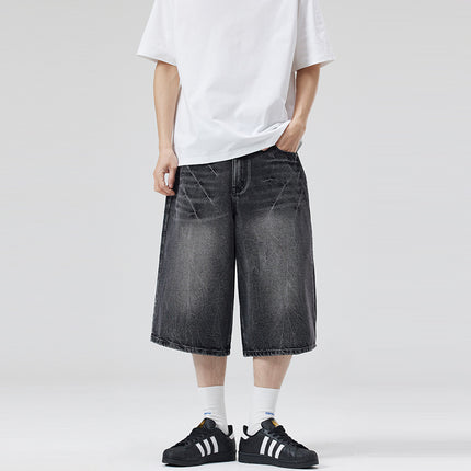 LKTM Men's# American High Street Washed Design Lightning Pattern Denim Shorts Men's and Women's Loose Wide Leg Cropped Pants