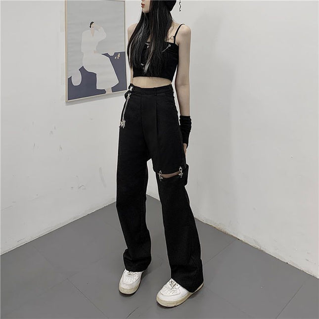 New Design Detachable Ripped Casual Pants for Women Summer Hollow Casual Suit Pants High Waist Slim Long Pants