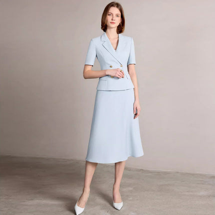 Summer New Short-Sleeved Light Blue Professional Women's Skirt Suit Double-Breasted Suit Collar Office Manager Commuting Formal Wear