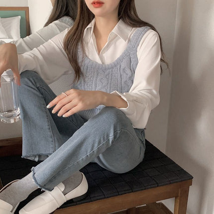 Autumn 2024 Short Japanese Twist Knitted Vest Long-sleeved Shirt Stacked on Instagram Style Two-piece Set