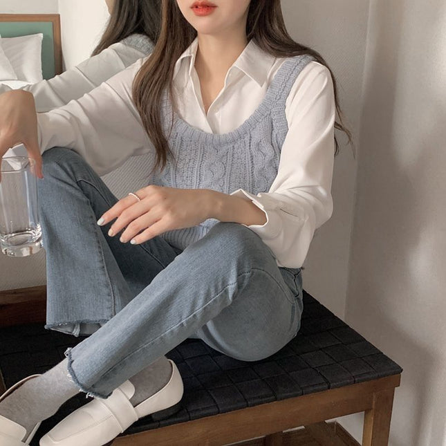 Autumn 2024 Short Japanese Twist Knitted Vest Long-sleeved Shirt Stacked on Instagram Style Two-piece Set