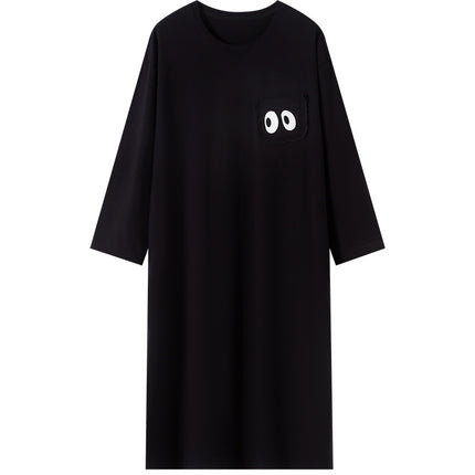 Women's Pure Cotton Long-Sleeved Nightgown, High-End, Black, Large Size, Can Be Worn Outside, Spring and Autumn, Women's Nightgown with Breast Pads
