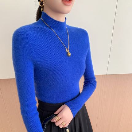 High-End Seamless Slim-Fit Cashmere Sweater for Women, Half Turtleneck, New Autumn/Winter 2024 Base Layer