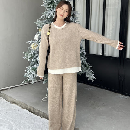 2025 New Autumn and Winter Sweater Women's Suit Pure Color Round Neck Knitted Fake Two-Piece Set Lazy Sweater Set
