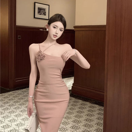 Pink Floral Halter Neck Strap Dress for Women, Summer Slim-Fit Backless Long Dress, Waist-Cinching, Figure-Flattering Bodycon Dress