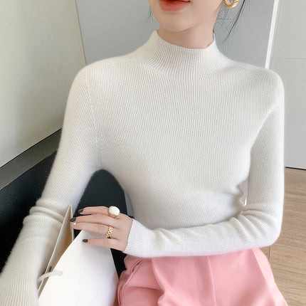 High-End Seamless Slim-Fit Cashmere Sweater for Women, Half Turtleneck, New Autumn/Winter 2024 Base Layer