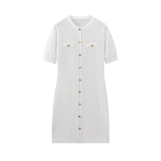 European and American Style Summer Women's European and American Fashion Round Neck Single-Breasted Short-Sleeved Slim Knitted Mini Dress