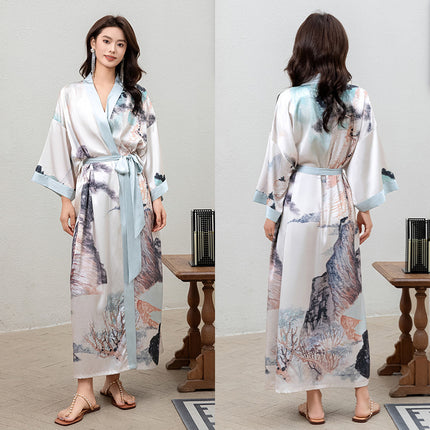 Yaoting New Style Satin Pajamas Women's Summer Large Size Light Luxury Seven-point Sleeve Cool Nightgown Bathrobe Home Clothes Women's WP2669