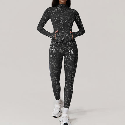 Cross-border Hot Silver Yoga Suit Advanced suit Women's Outdoor Training Running European and American Long Sleeve Fitness Suit suit