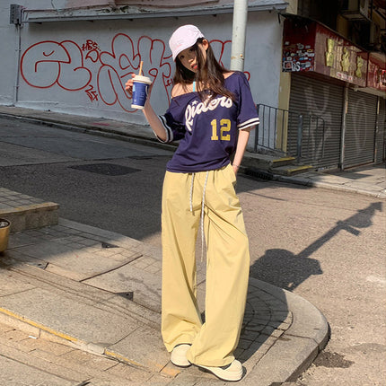 Korean Style Casual Style 2025 Spring and Summer New Plaid Stitching Double Waist Drawstring Pocket Loose Wide Leg Casual Pants for Women