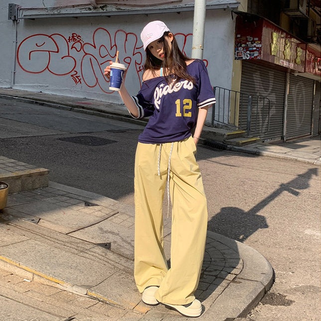 Korean Style Casual Style 2025 Spring and Summer New Plaid Stitching Double Waist Drawstring Pocket Loose Wide Leg Casual Pants for Women