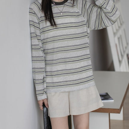 2025 Autumn Salt Green Striped Casual Long Sleeve Blouse Thin Breathable Loose Retro T-Shirt