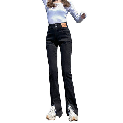 Fleece-Lined Thick Black Flared Jeans with Slits for Women, High-Waisted, Slimming, Autumn and Winter 2025 New Style, Extended Length Pants