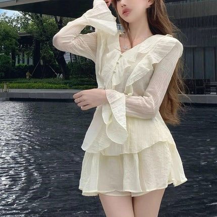 French Style V Neck Ruffled Simple Long-Sleeved Shirt for Women, Spring & Fall Style, High-End, Sweet and Slightly See-Through Chiffon Top