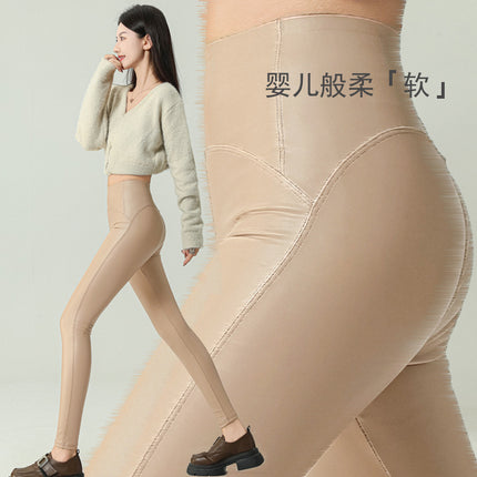 High-Bottom Baby Leather Women's Leather Pants 2024 New Autumn and Winter Velvet High-Waist Outer Wear Tight-Fitting Leggings Yoga