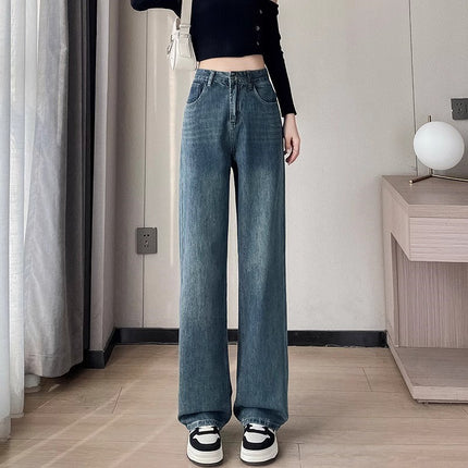 creamy-white Jeans Women's Trendy All-match New High Waist Slim-fit Narrow Version Small Men's Straight Wide-leg Pants