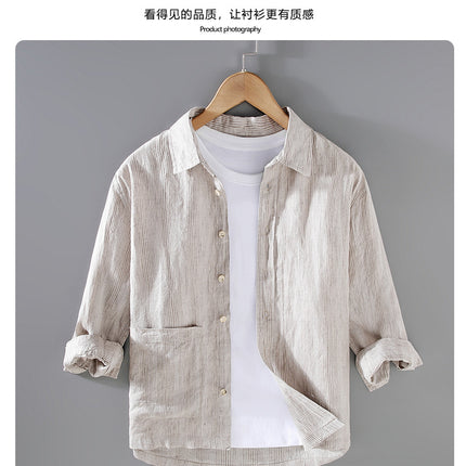 G062 New Summer Linen Men's Youth Three-Quarter Sleeve Shirt Loose Casual Versatile Japanese Style Style One Piece Drop Shipping