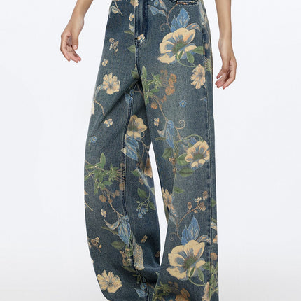 Unisex American High Street Floral Wide-Leg Jeans Printed Loose Fit Nine-Point Two Wide-Leg Floor-Length Pants