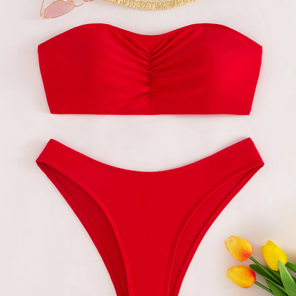 2024 New Swimsuit Women's Two-Piece Split Tube Top Smocked Pure Color Sexy Swimsuit Cross-Border Amazon Bikini