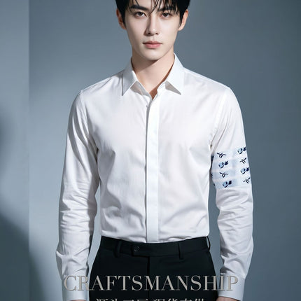 Shirt Light Luxury High-End Men's Long-Sleeved Shirt Men's Embroidered Blue Rose Casual Light Luxury Handsome Men's Clothing
