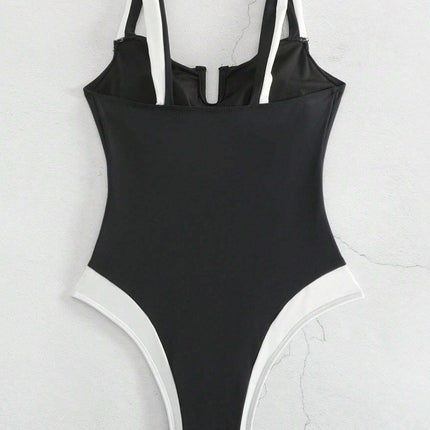Solid Color One-Piece Swimsuit for Women European and American New Sexy Deep V Push-Up Bikini High-End Backless Bikini Cross-Border