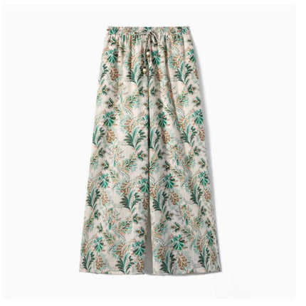 2025 Summer New Green Floral All-match Wide-leg Pants Design High-end Seaside Vacation Cotton and Linen Casual Pants