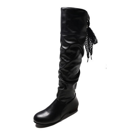 Cross-border foreign trade women's boots autumn and winter Europe and the United States solid color pleated high barrel thick heel round head back lace-up Knight Boots Boots in stock